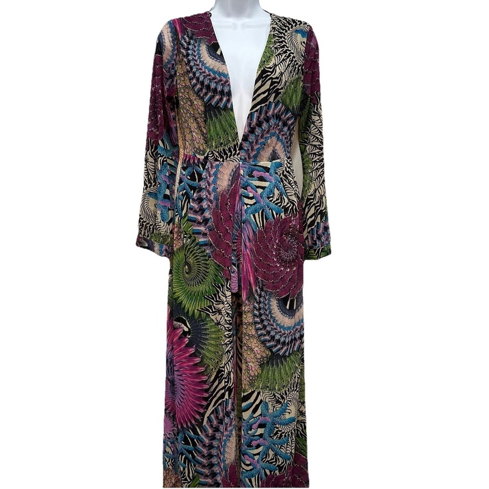 Xtaren Skort Maxi Dress Womens Sz Small Jungle Print Sheer Long Sleeve Back Zip